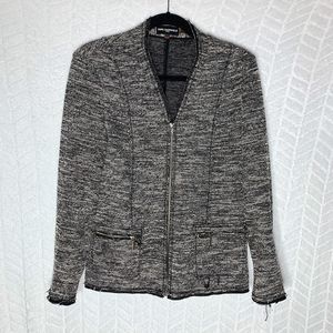 Karl Lagerfeld Full Zip Jacket Paris Tweed distressed Fringe Black White - M